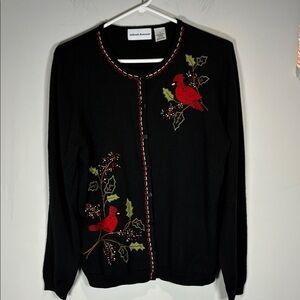 Alfred Dunner Cardinal Christmas Sweater Embroidered Bird Cardigan M